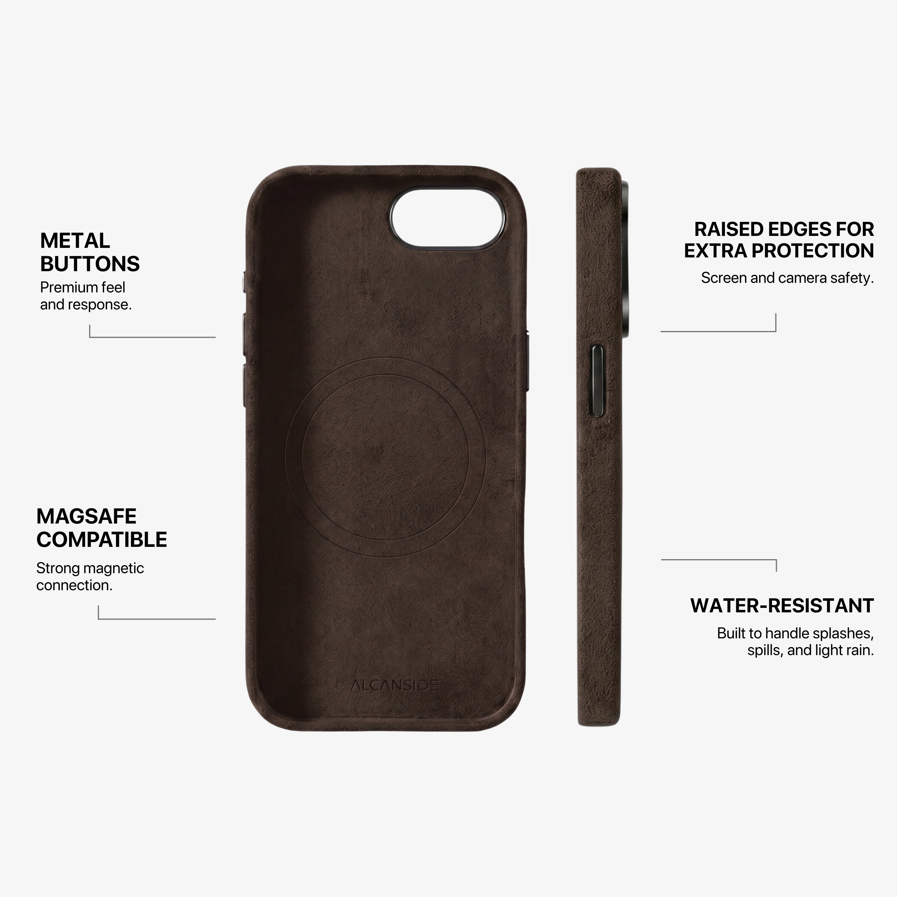 iPhone 16e Alcantara® Case features: metal buttons, raised edges, MagSafe, water-resistant