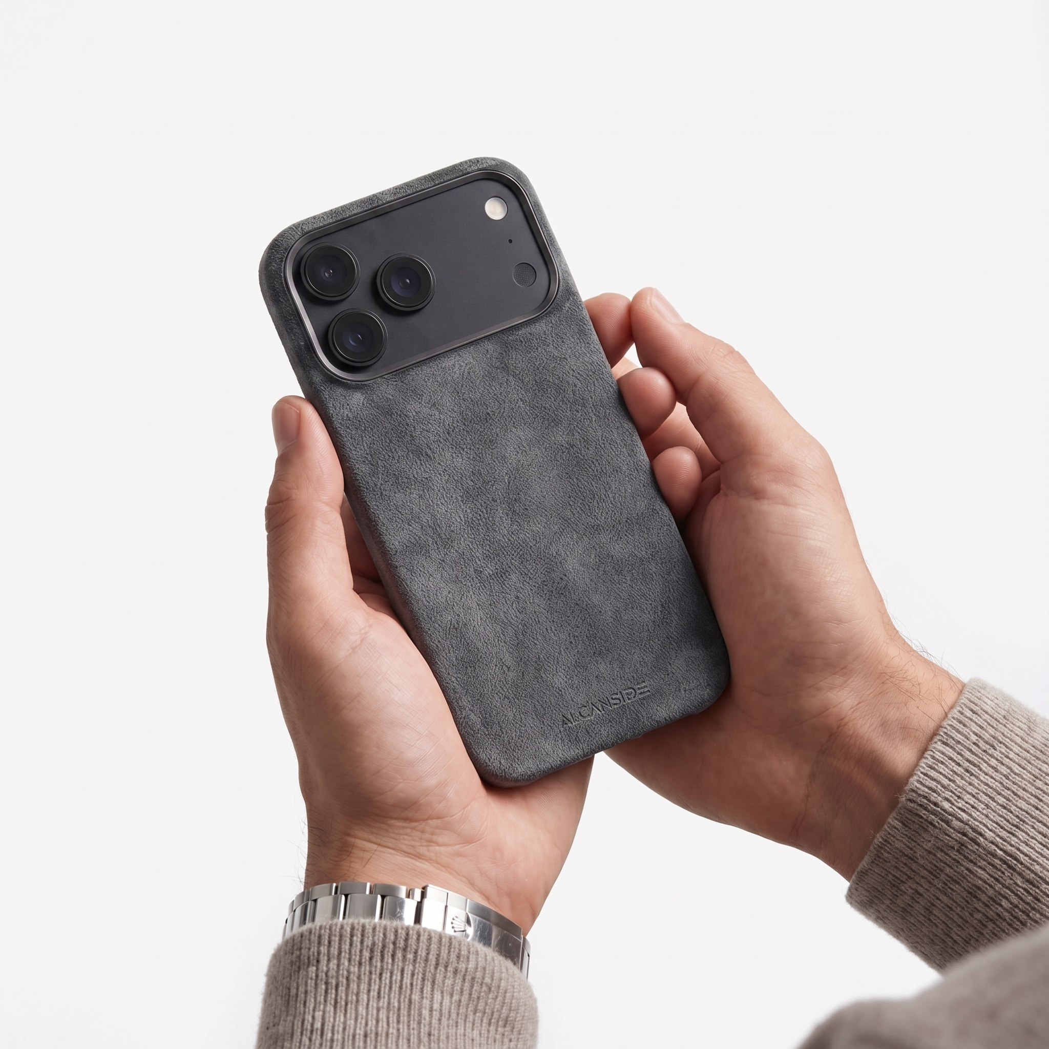 Space Grey Alcantara case for iPhone 18 Pro Max held in hands