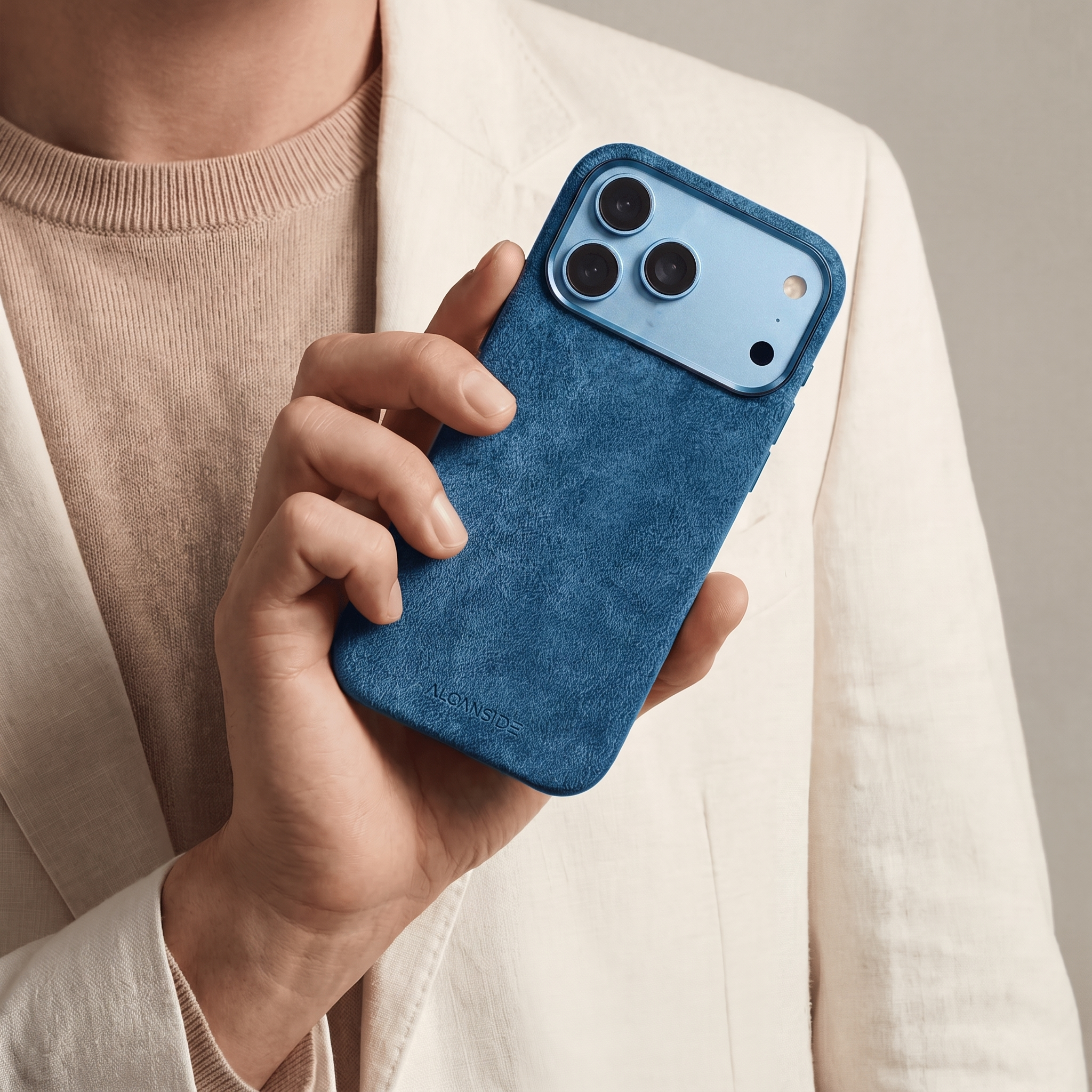 Ocean Blue Alcantara case for iPhone 18 Pro Max held in hands
