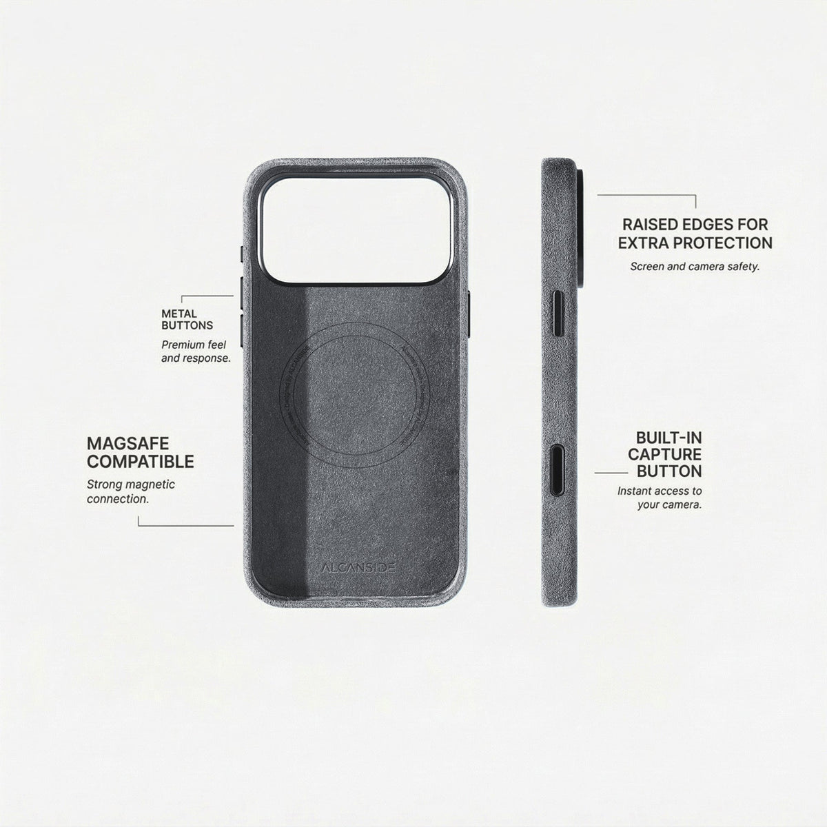 Alcantara iPhone 18 Pro Max case with MagSafe and metal buttons