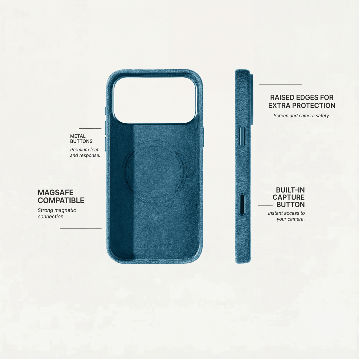 Alcantara iPhone 18 Pro Max case with MagSafe and metal buttons