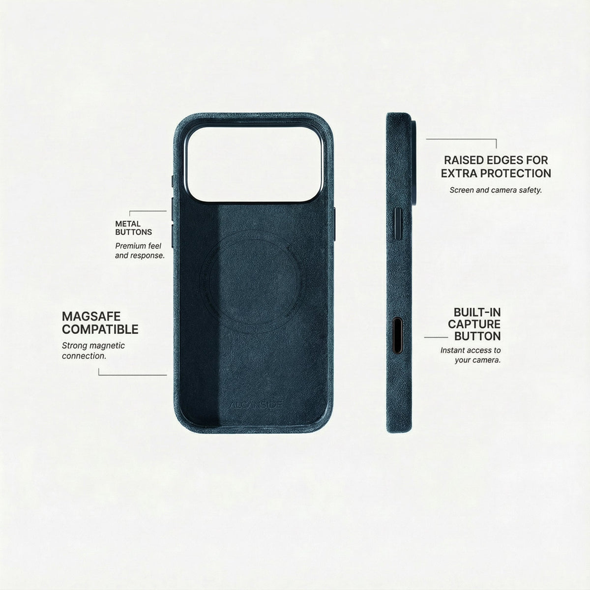 Alcantara iPhone 18 Pro Max case with MagSafe and metal buttons