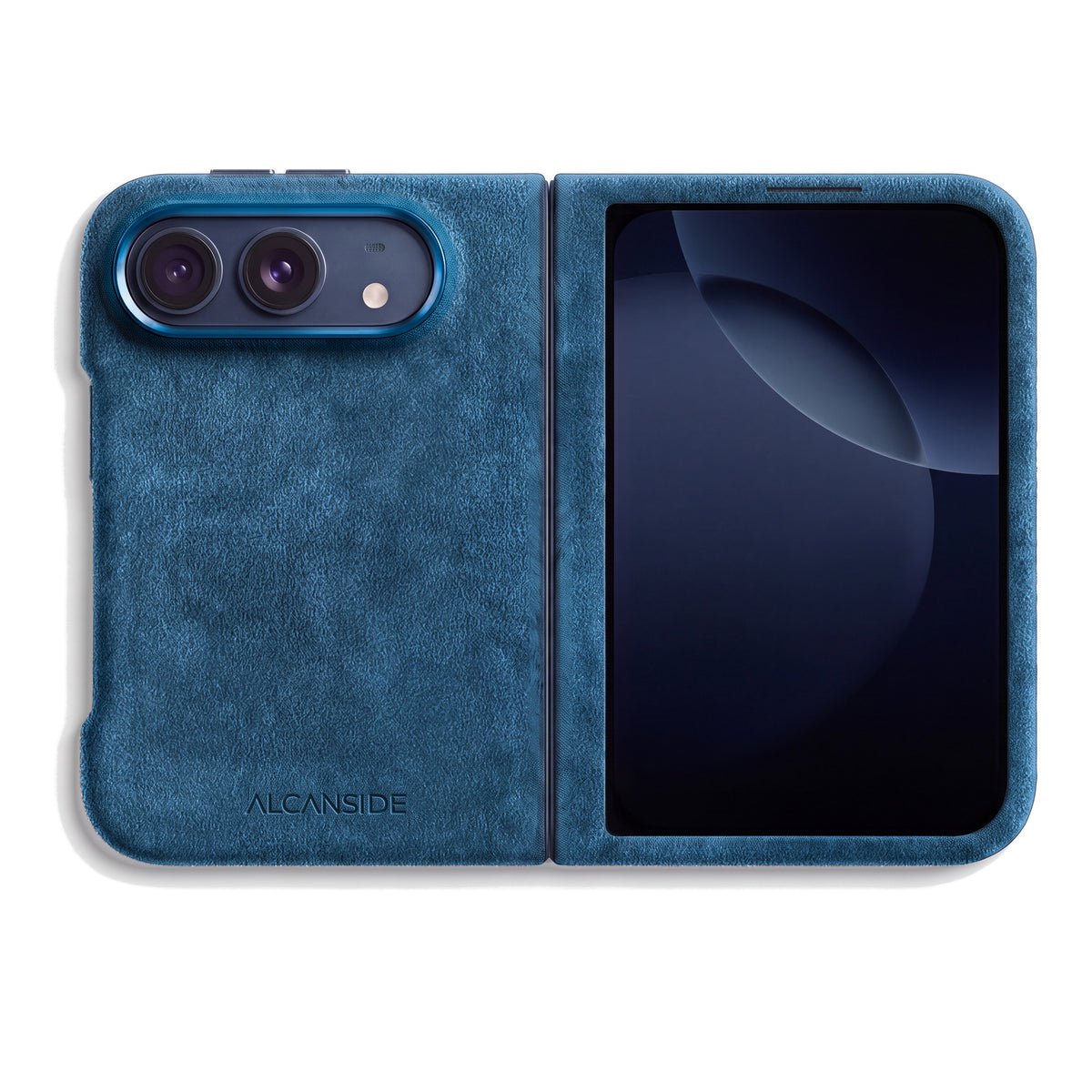 Ocean Blue Alcantara case for iPhone Duo, unfolded, back with the camera