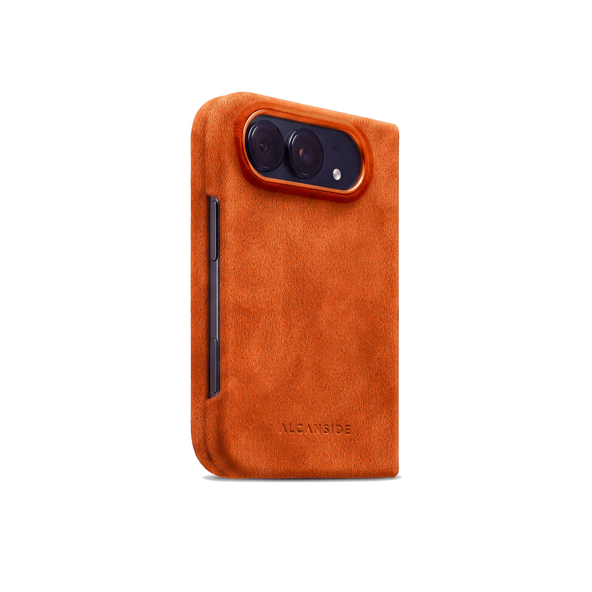 Orange Alcantara case for iPhone Duo, closed, three-quarter view with the button cutout