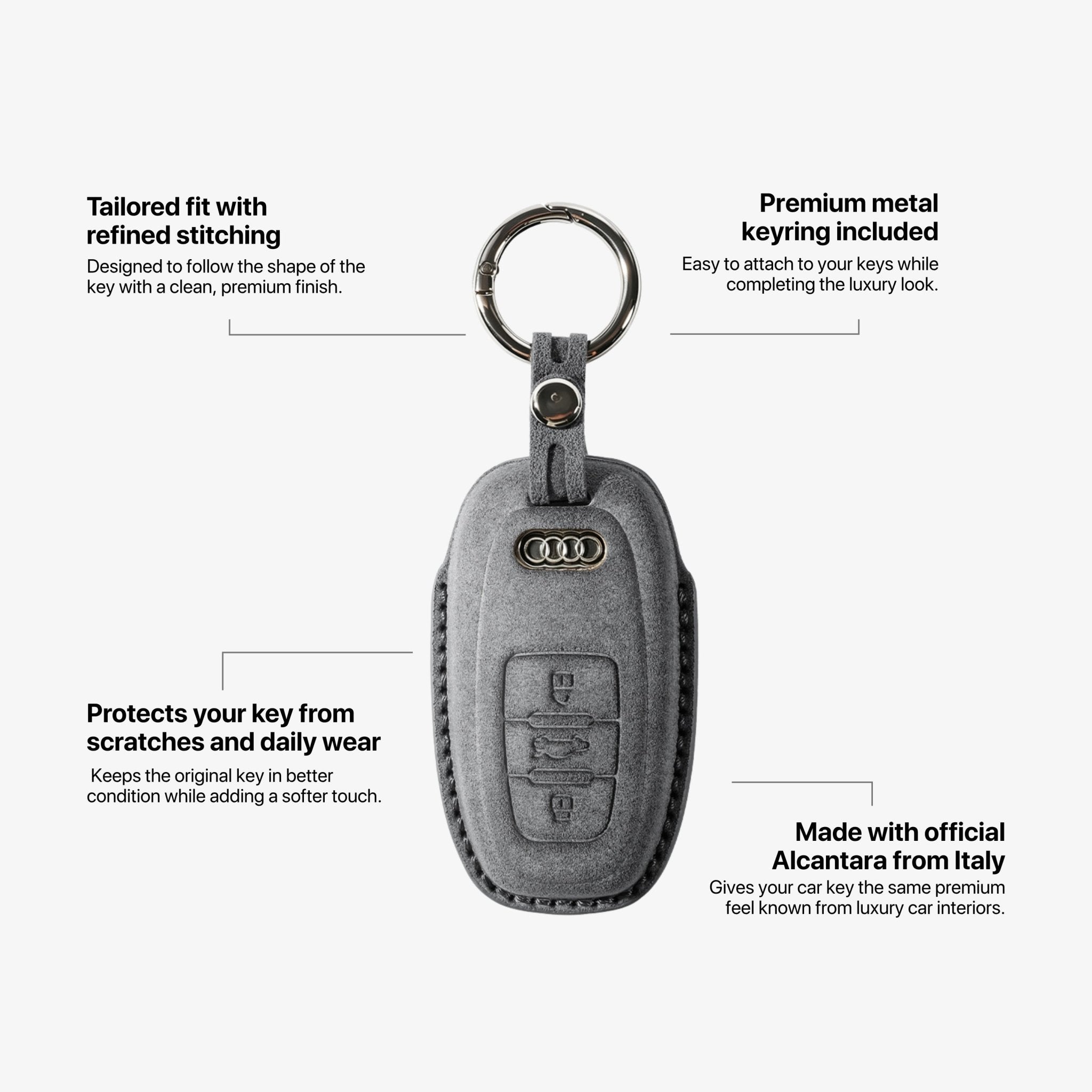 Alcantara Car Key Fob Cover for Audi Model C with Buckle - Space Grey - Alcanside