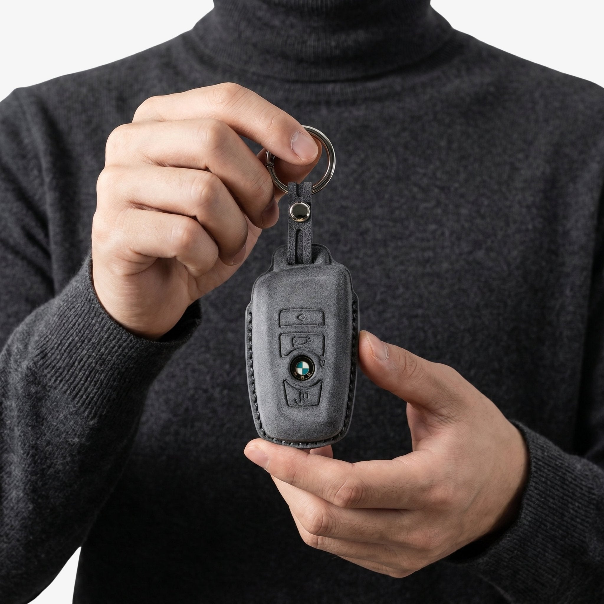 Alcantara Car Key Fob Cover for BMW Model A with Buckle - Space Grey - Alcanside