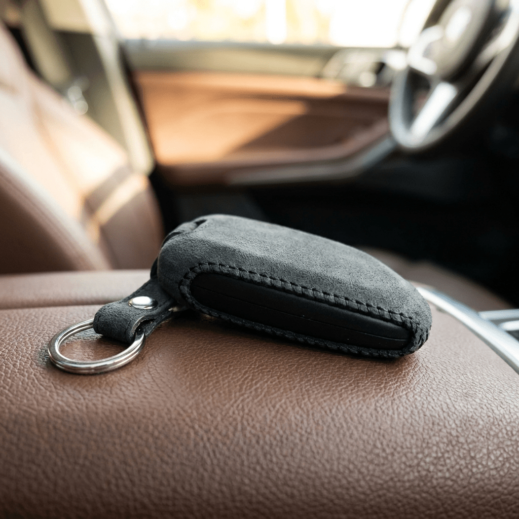 Alcantara Car Key Fob Cover for BMW Model A with Buckle - Space Grey - Alcanside