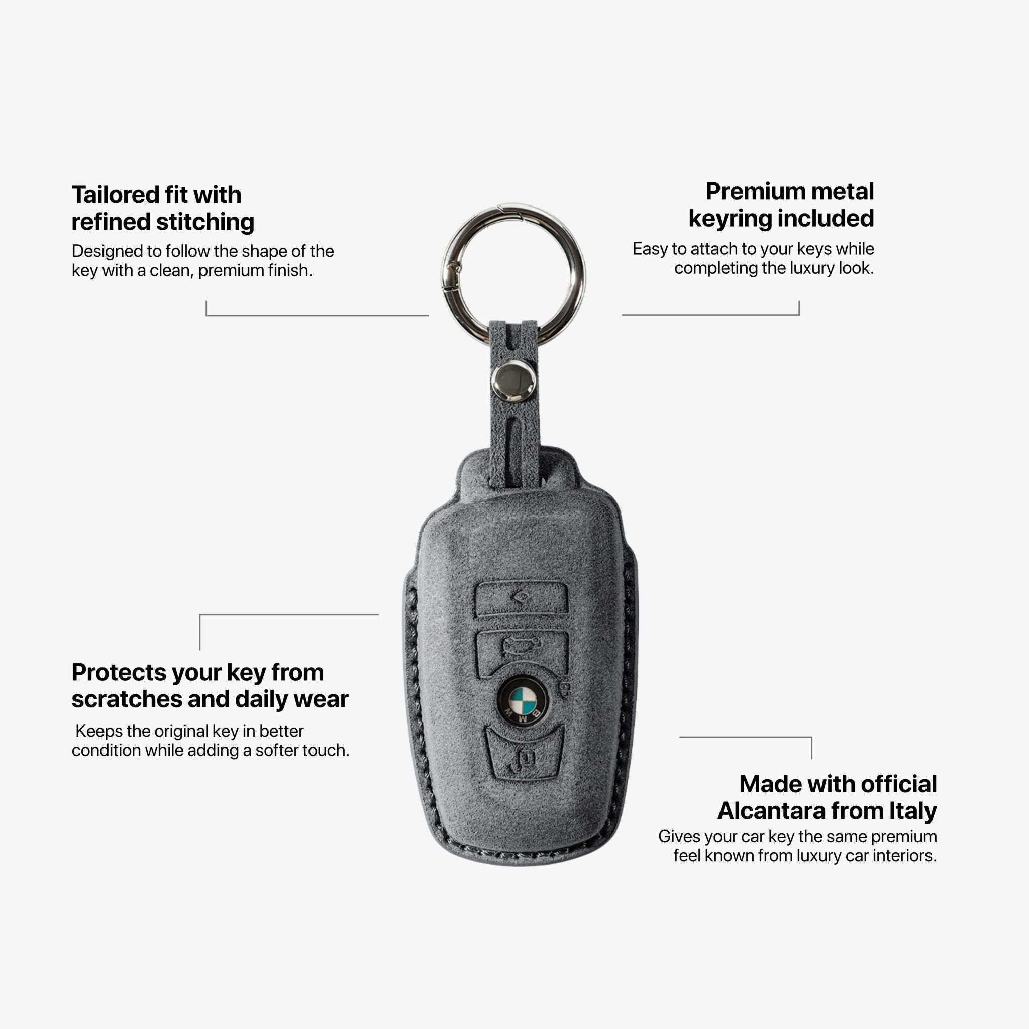 Alcantara Car Key Fob Cover for BMW Model A with Buckle - Space Grey - Alcanside