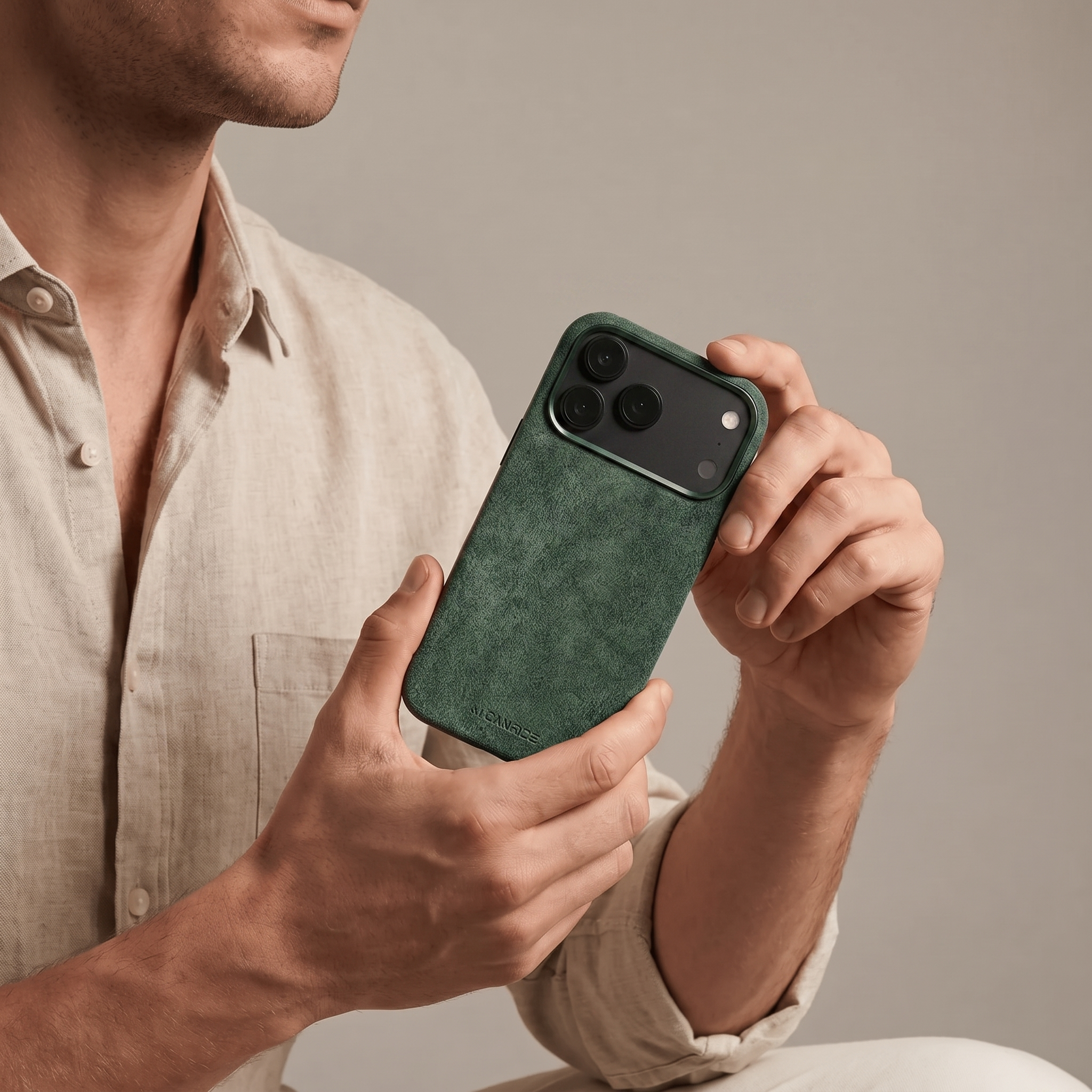 Midnight Green Alcantara case for iPhone 18 Pro Max held in hands