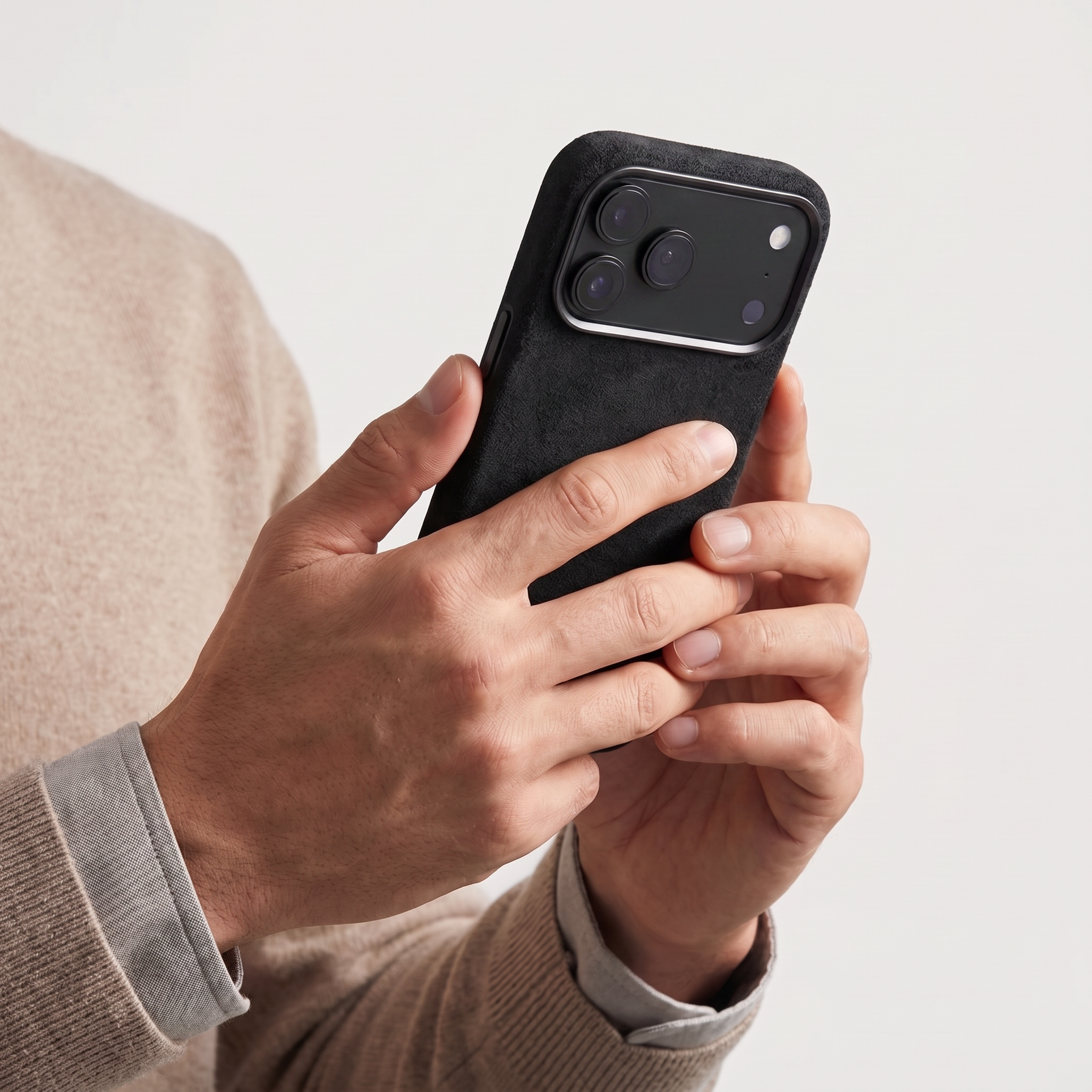 Deep Black Alcantara case for iPhone 18 Pro held in hands