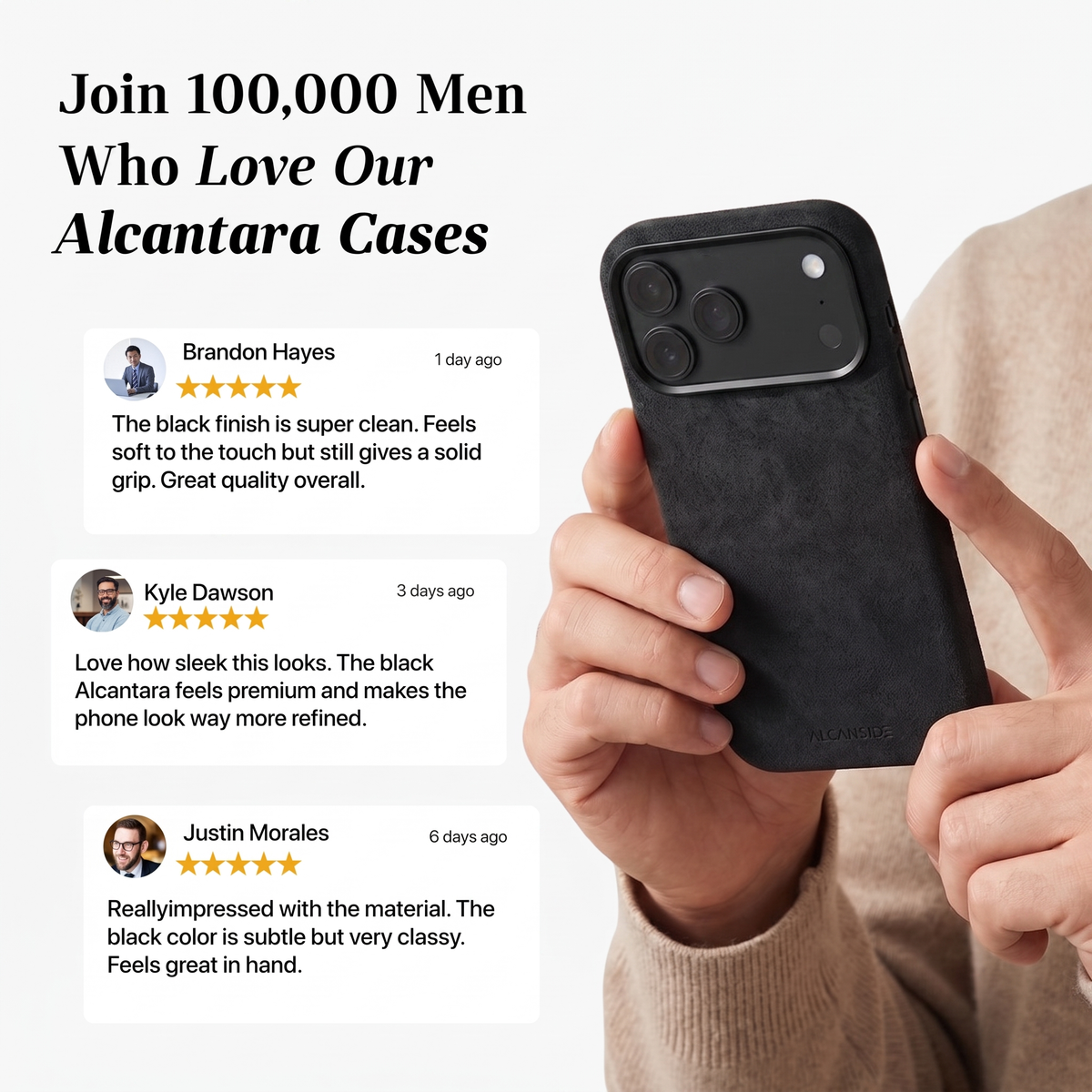 Customer reviews of the Deep Black Alcantara iPhone 18 Pro Max case