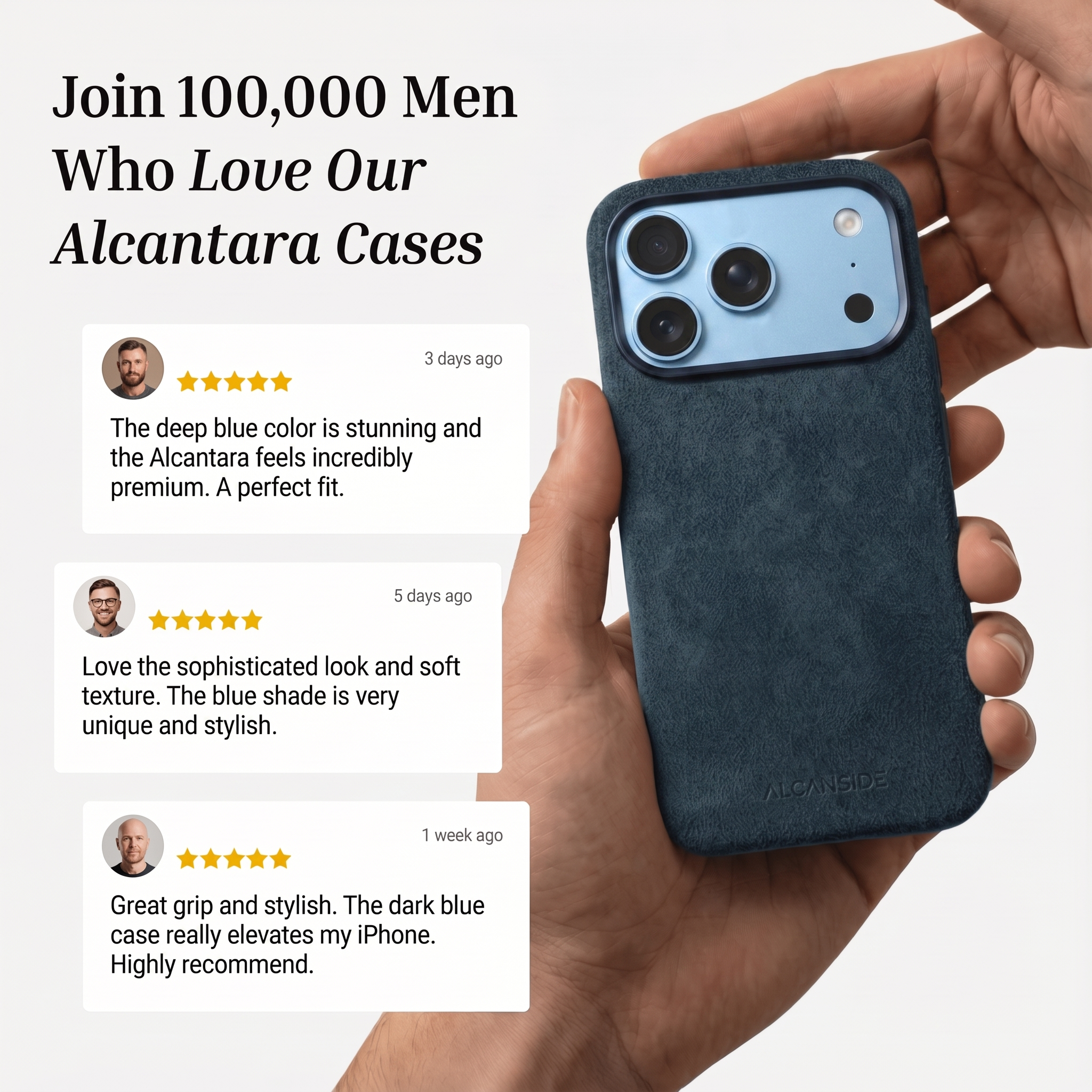 Customer reviews of the Navy Blue Alcantara iPhone 18 Pro Max case