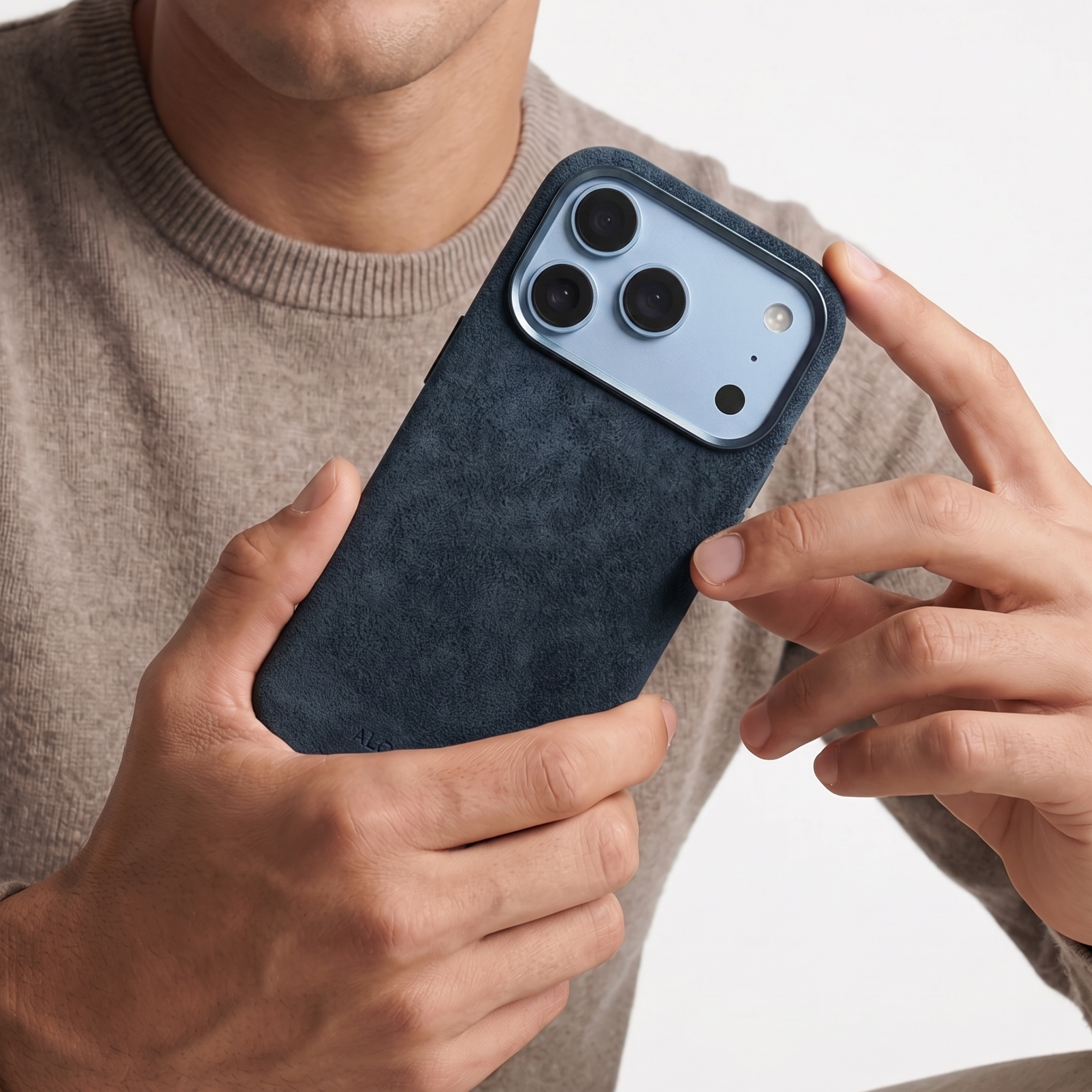 Navy Blue Alcantara case for iPhone 18 Pro Max held in hands