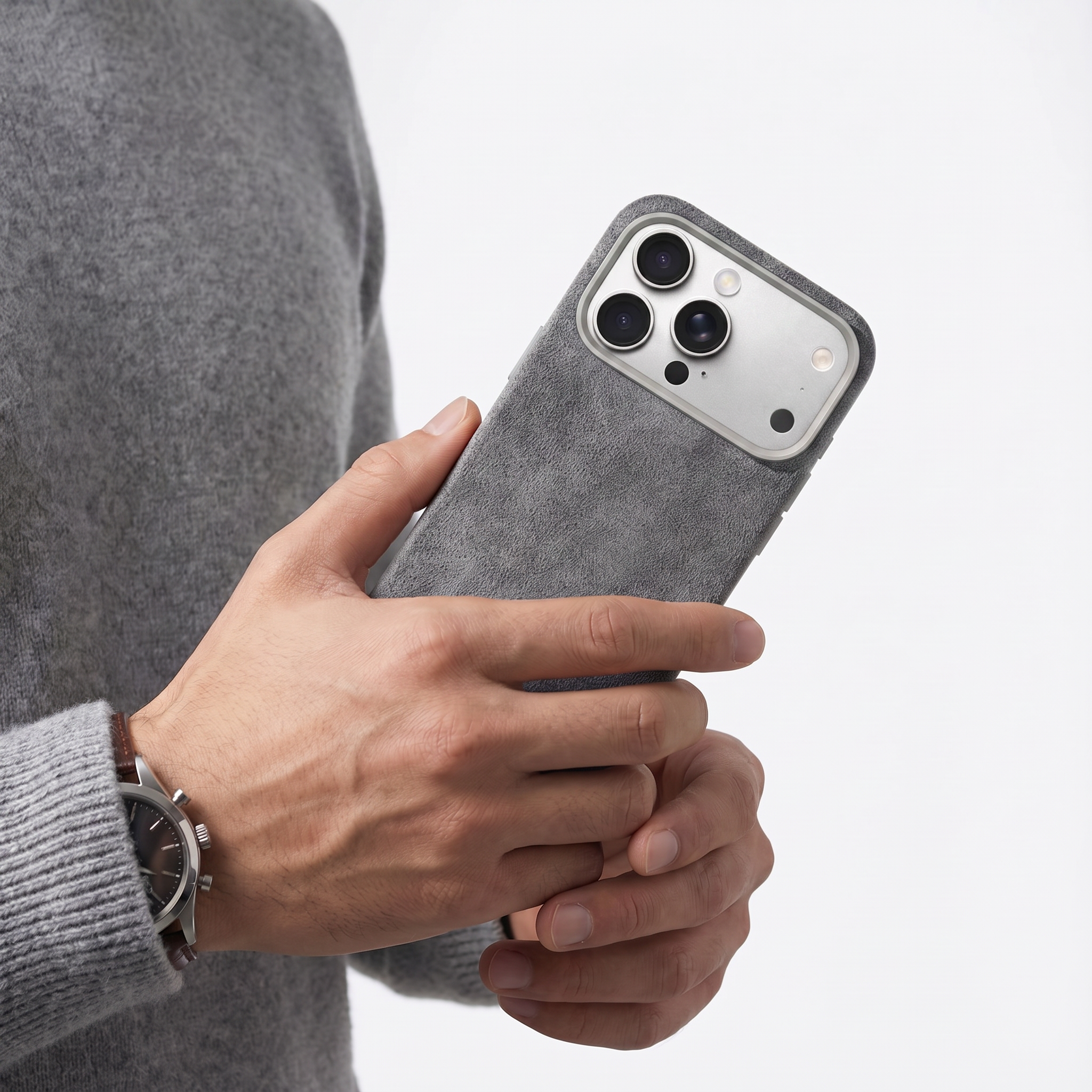 Nardo Gray Alcantara case for iPhone 18 Pro held in hands