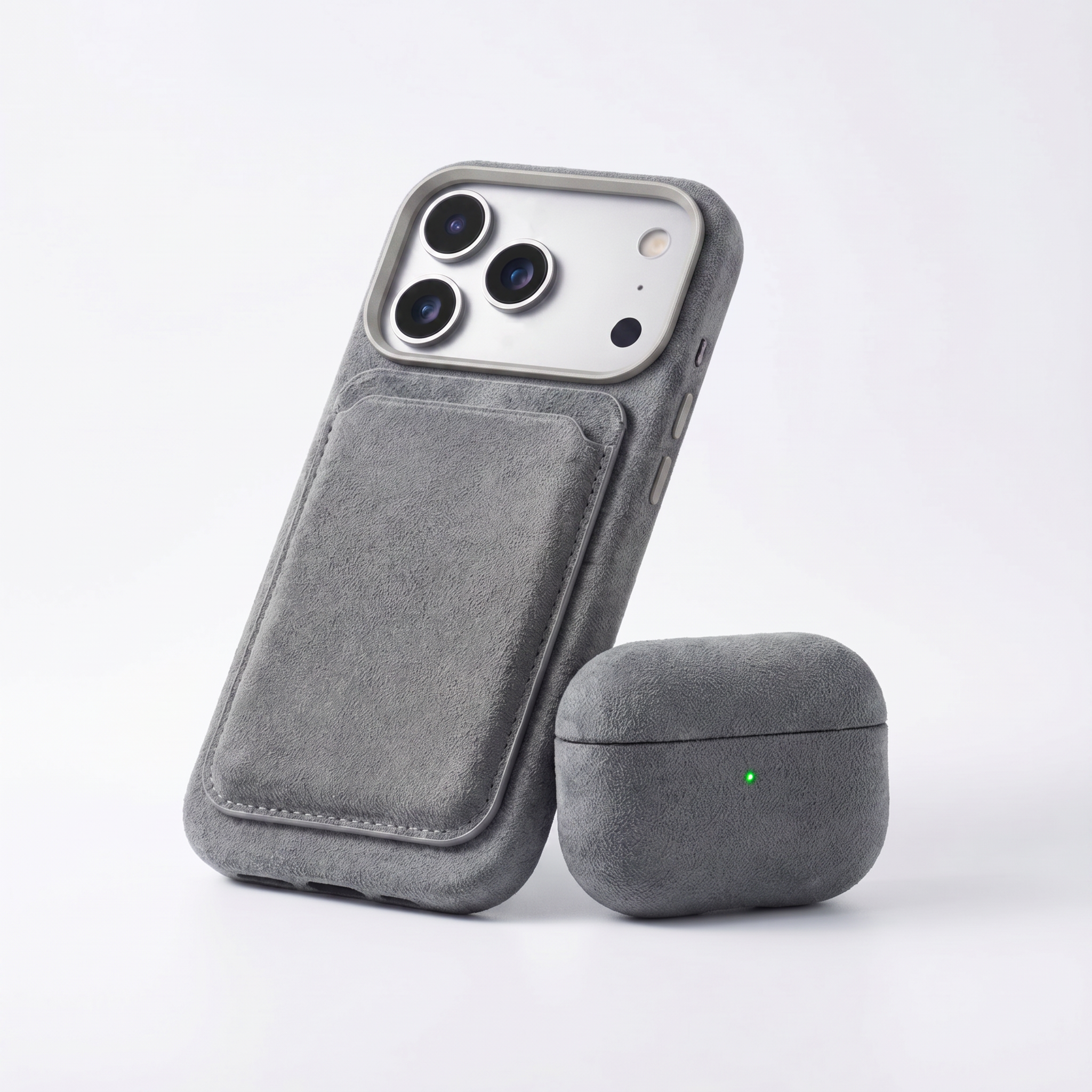 iPhone 18 Pro Alcantara case with MagSafe wallet and AirPods case