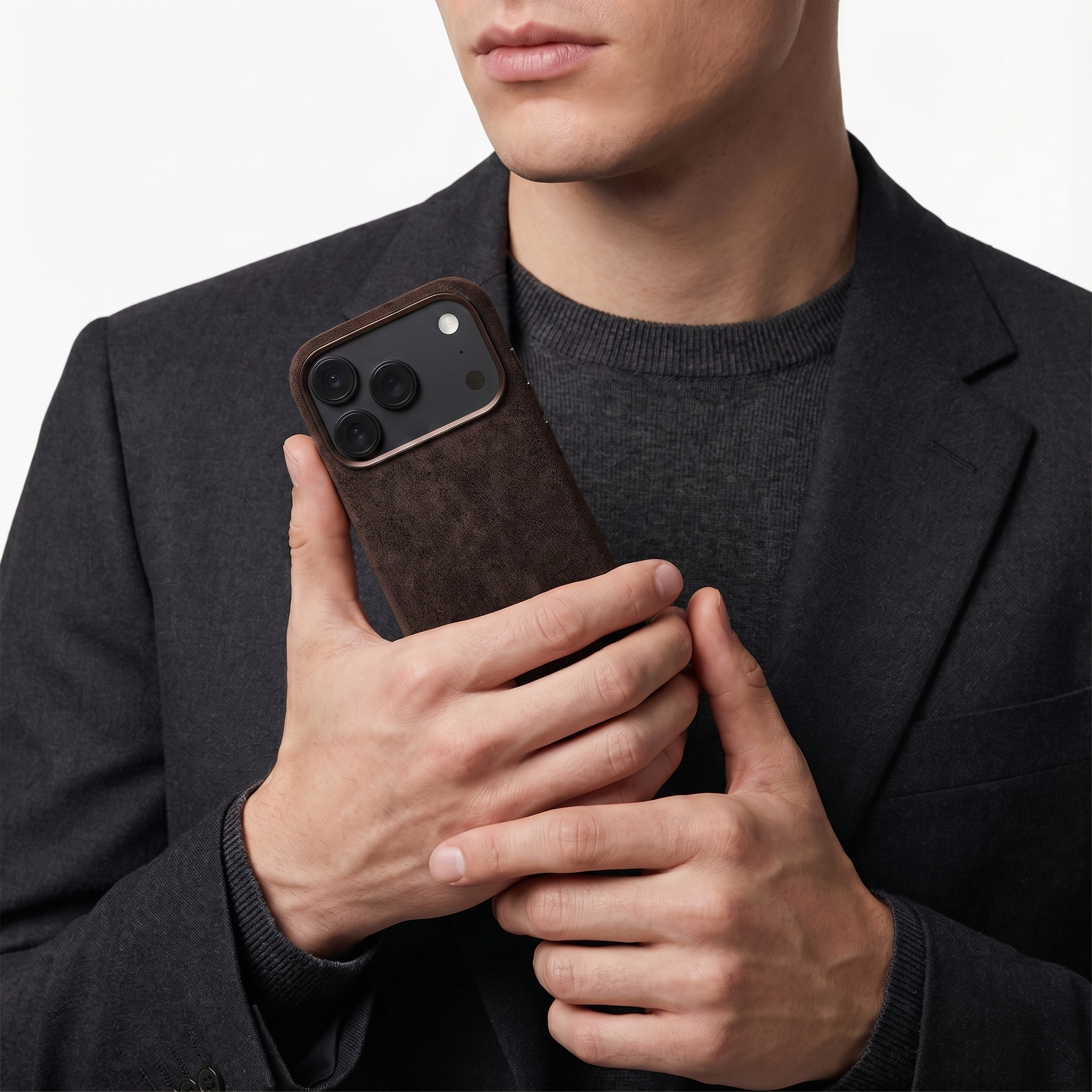 Chocolate Brown Alcantara case for iPhone 18 Pro held in hands
