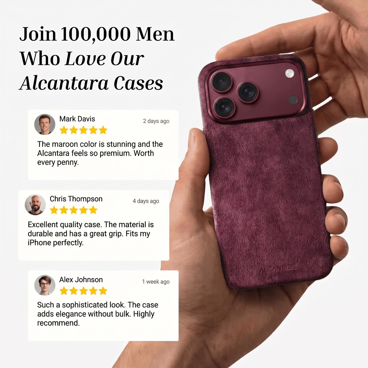 Customer reviews of the Wine Red Alcantara iPhone 18 Pro case