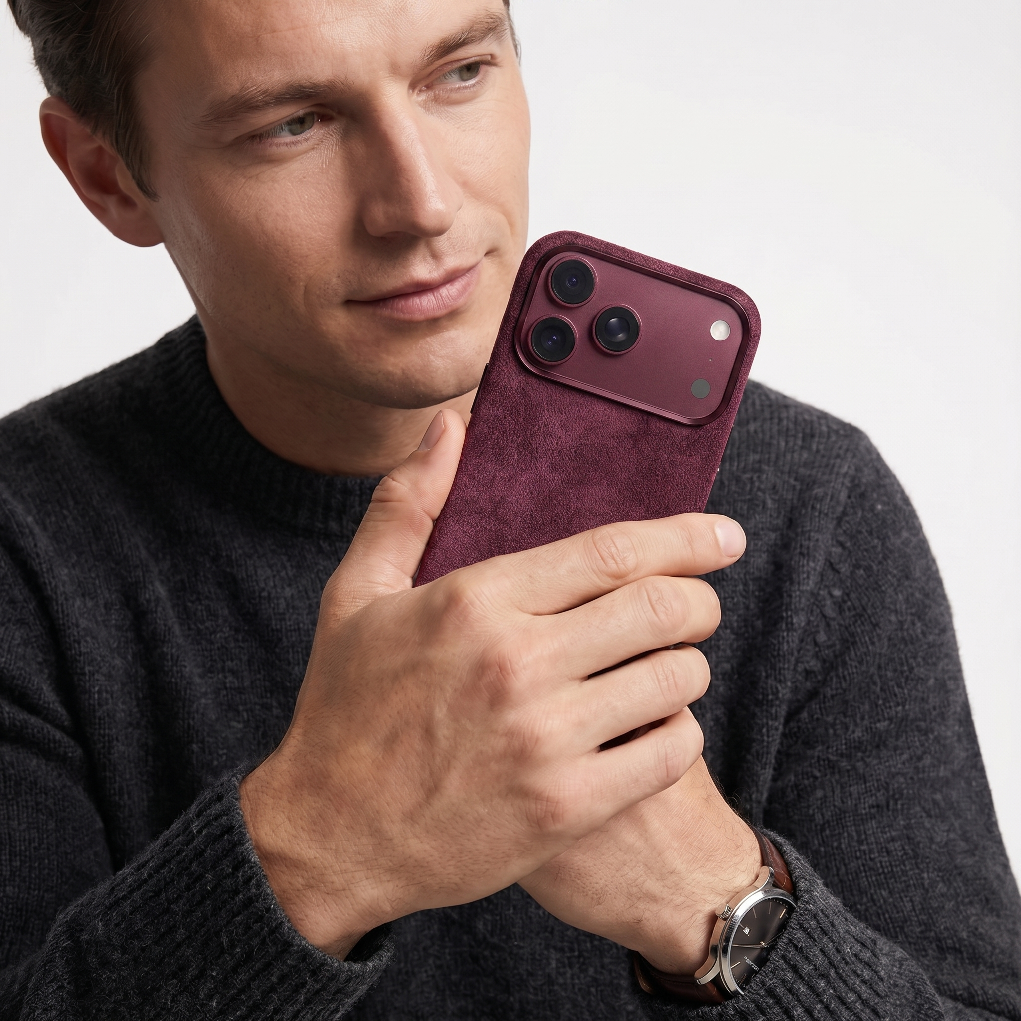 Wine Red Alcantara case for iPhone 18 Pro held in hands