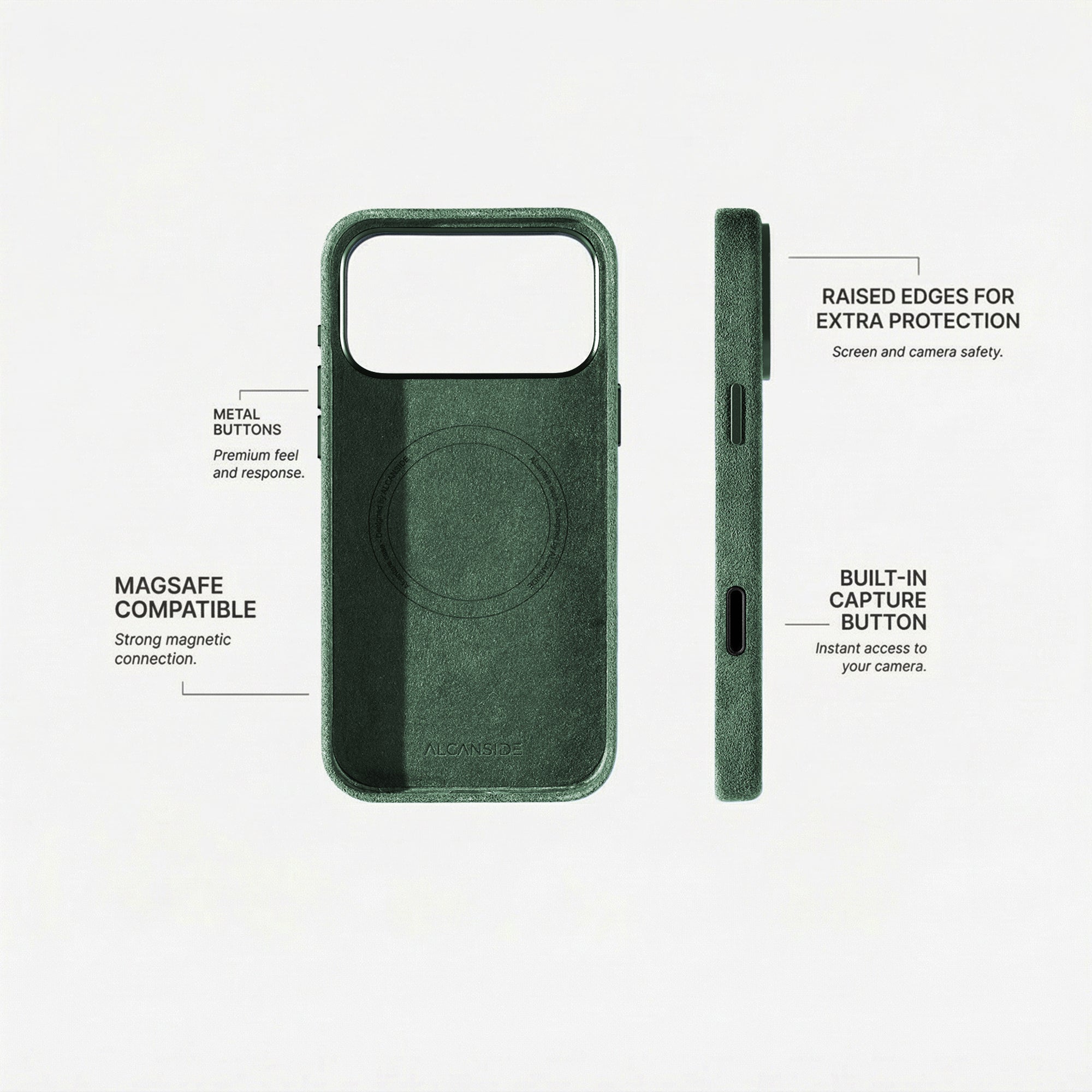 Alcantara iPhone 18 Pro Max case with MagSafe and metal buttons