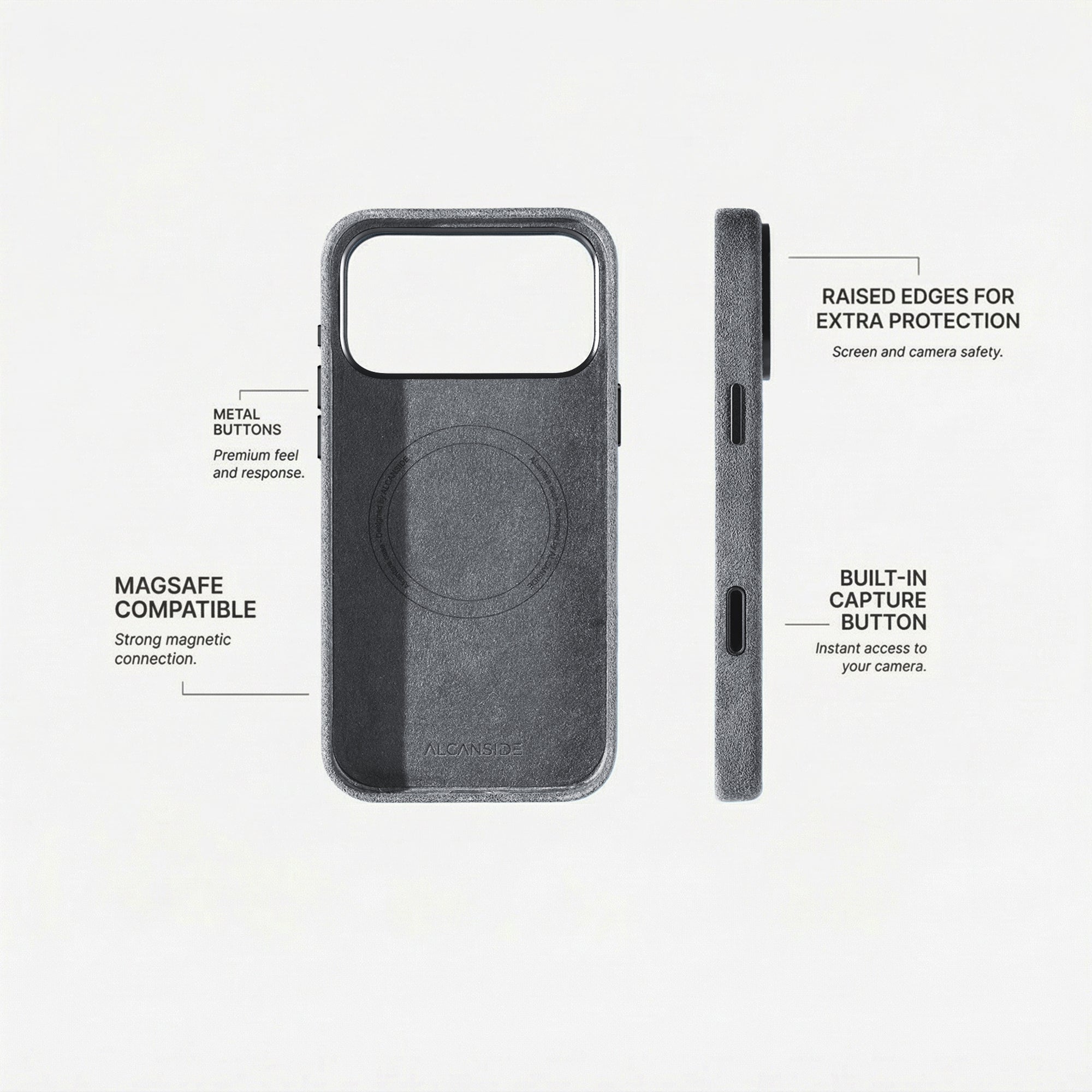 Alcantara iPhone 18 Pro Max case with MagSafe and metal buttons