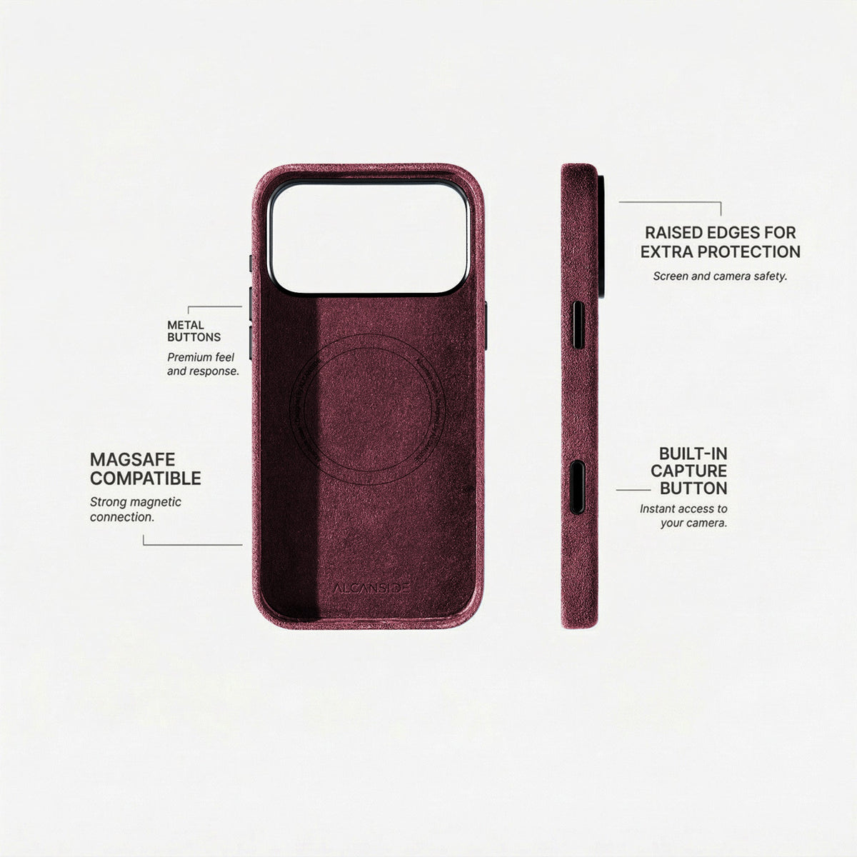 Alcantara iPhone 18 Pro Max case with MagSafe and metal buttons