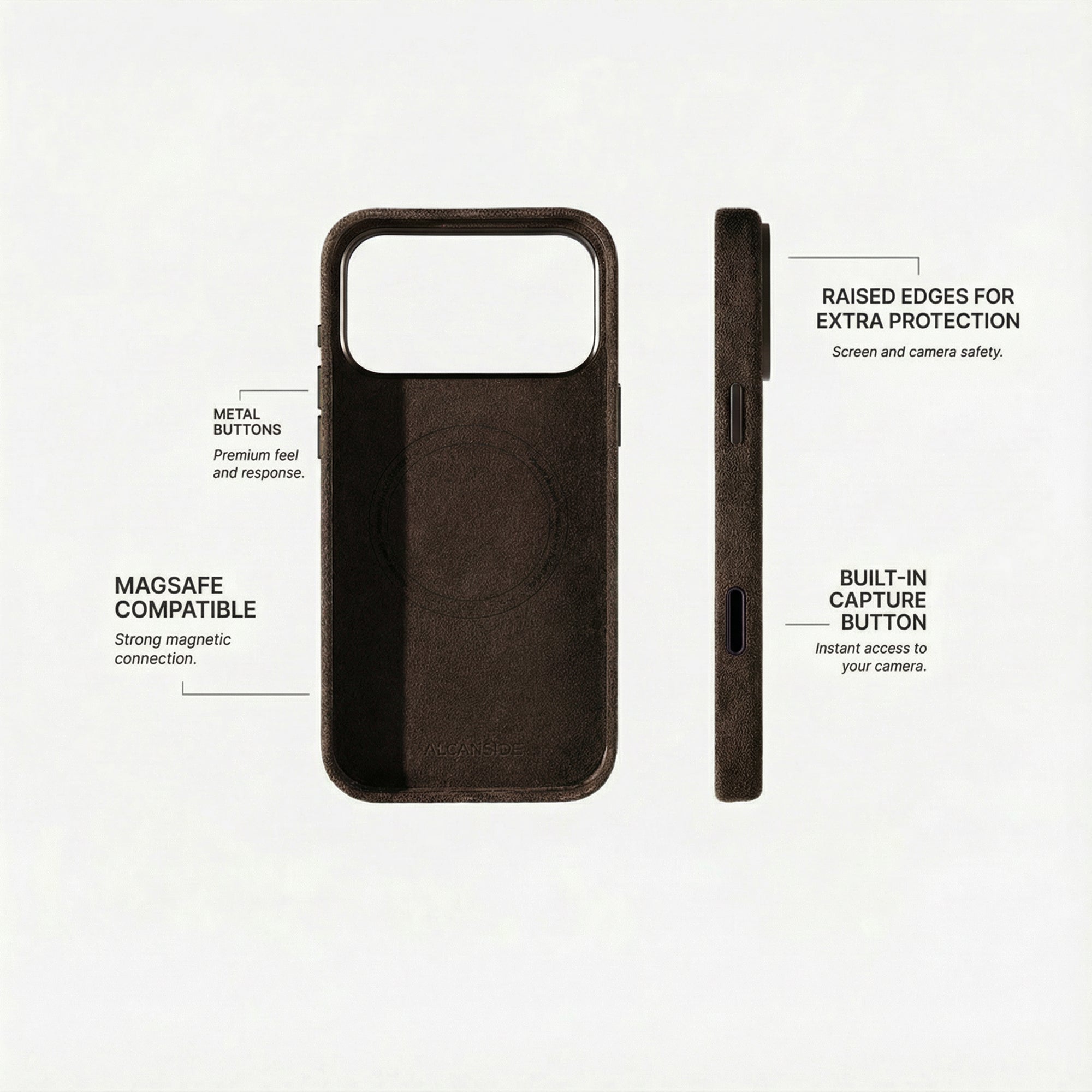 Alcantara iPhone 18 Pro Max case with MagSafe and metal buttons