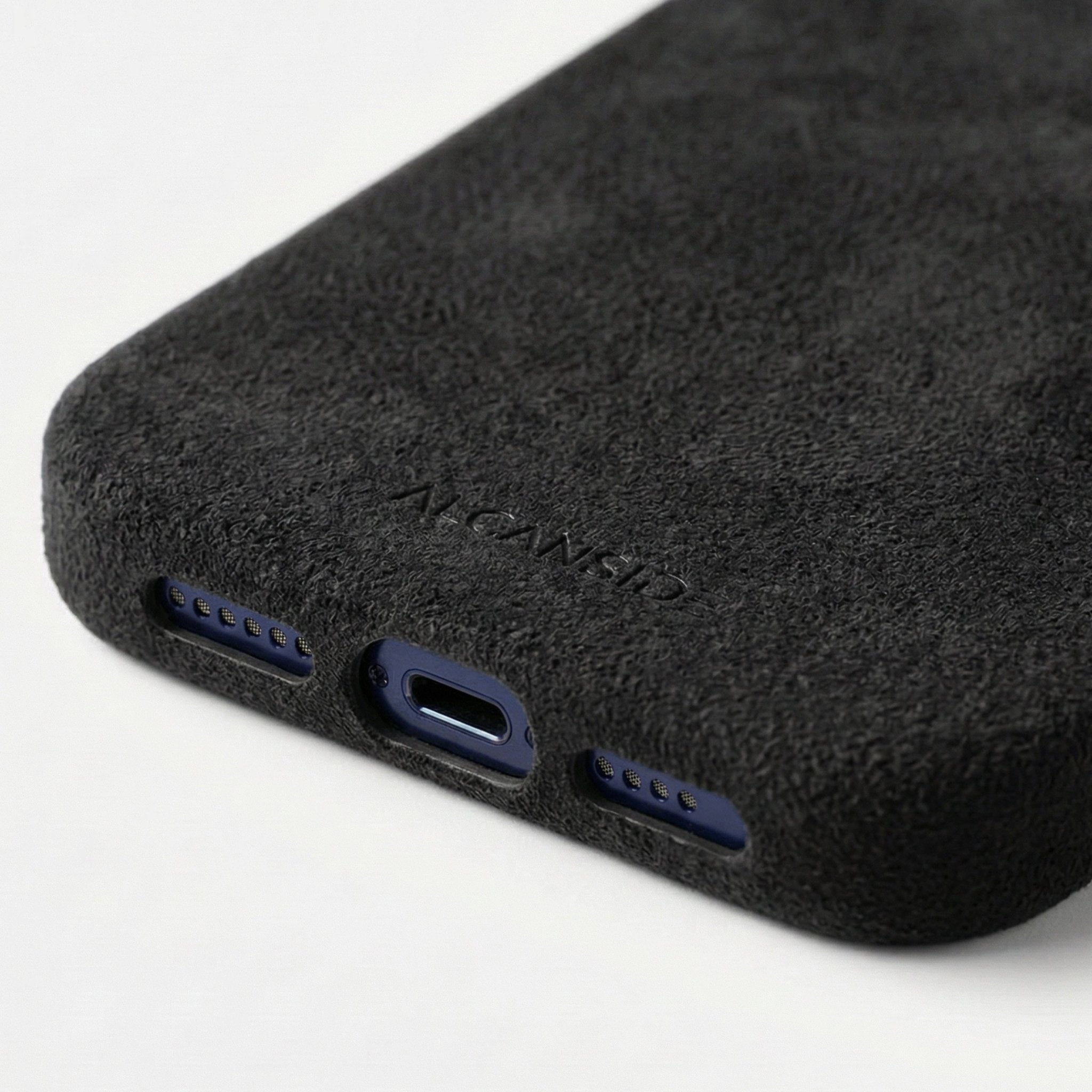 Deep Black Alcantara iPhone 18 Pro case bottom detail