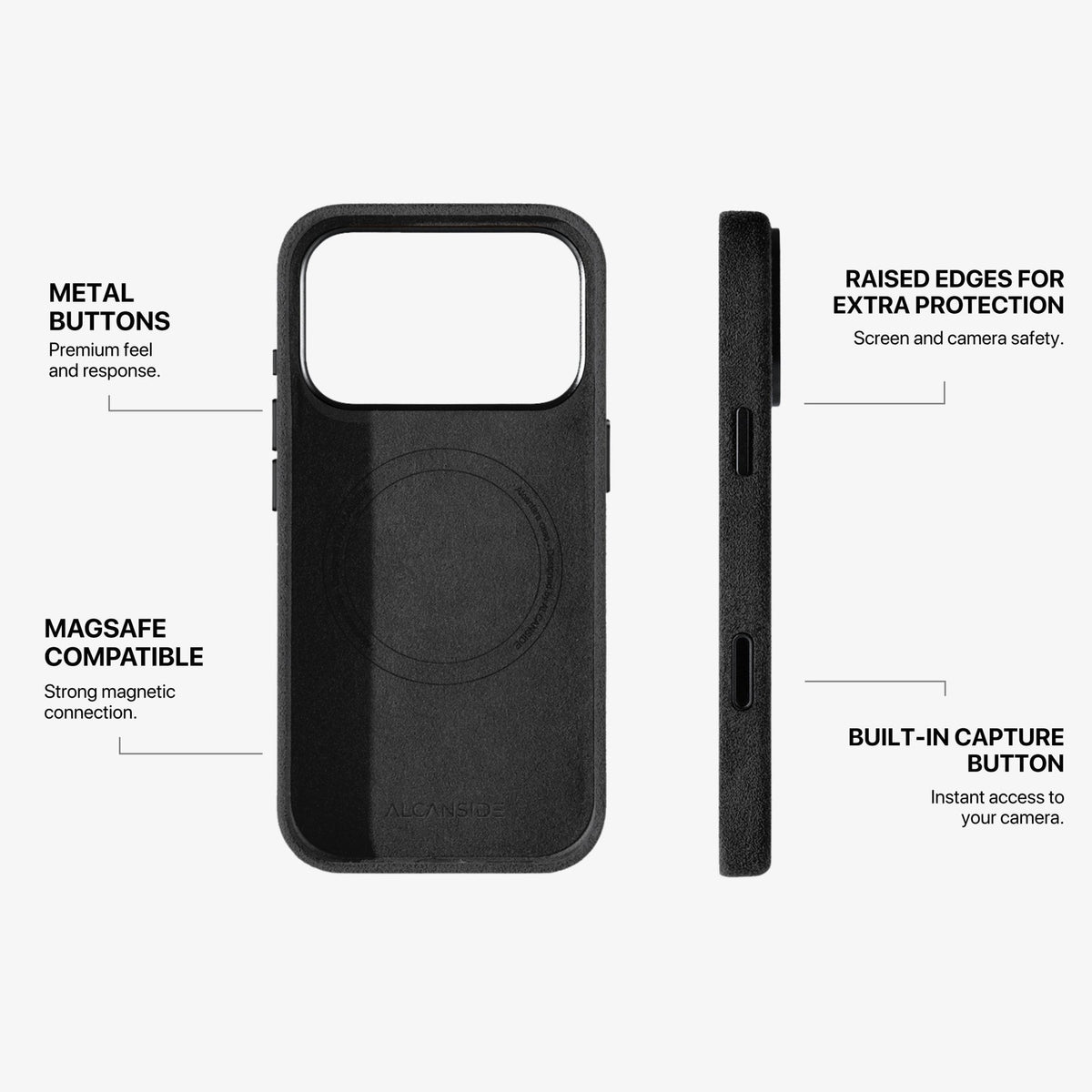 Alcantara iPhone 18 Pro Max case with MagSafe and metal buttons