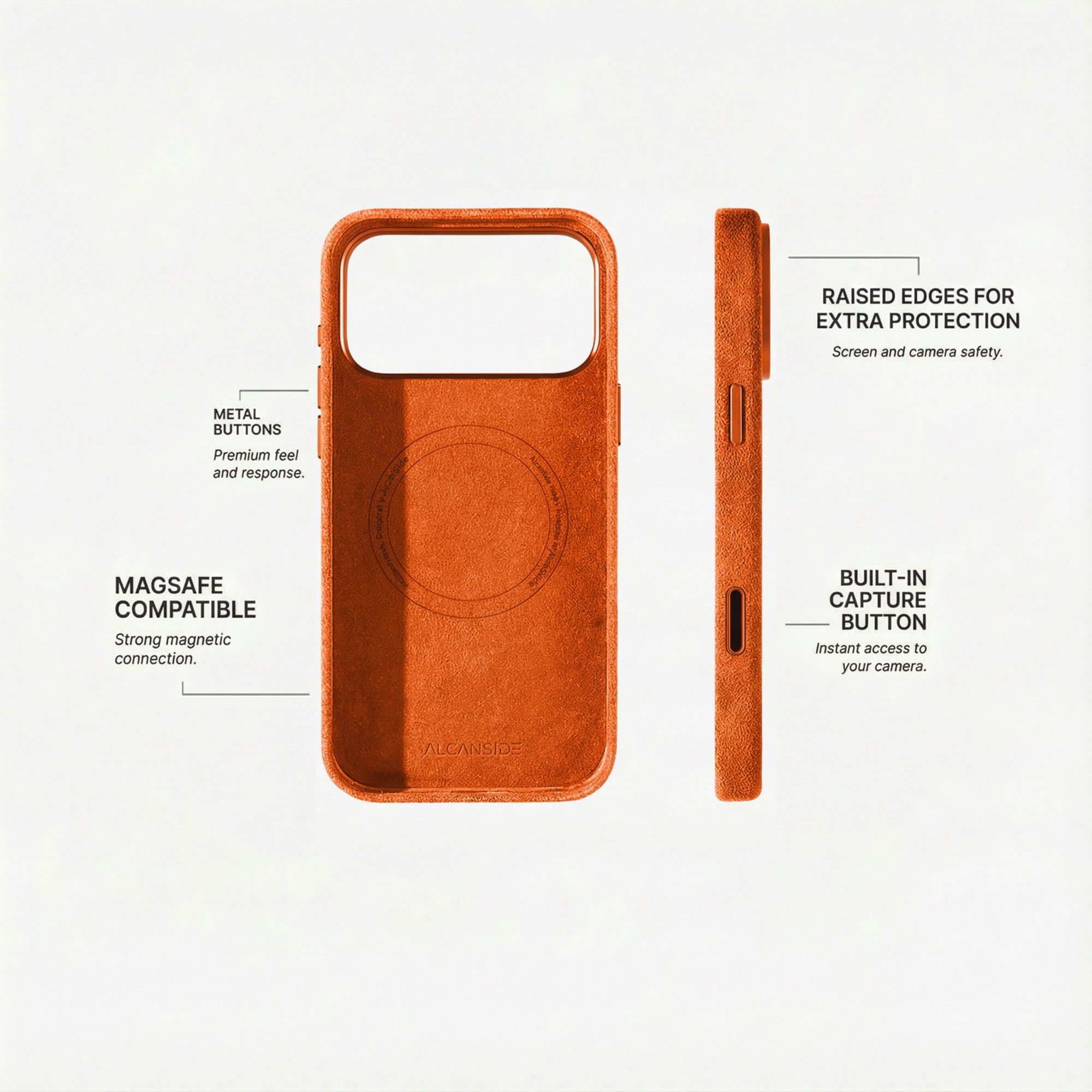 Alcantara iPhone 18 Pro case with MagSafe and metal buttons