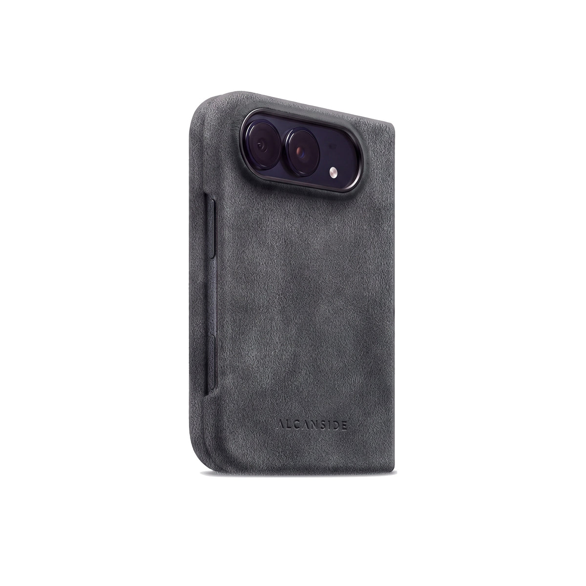 Space Grey Alcantara case for iPhone Duo, closed, three-quarter view with the button cutout